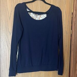 Bordeaux Navy Long-Sleeve Scoop Neck Top with Lace Back